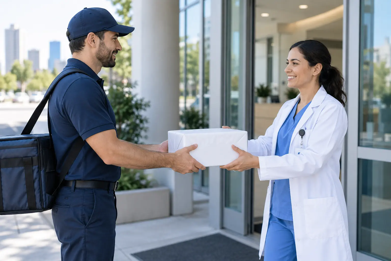 Medical courier handing a secure package to a healthcare professional